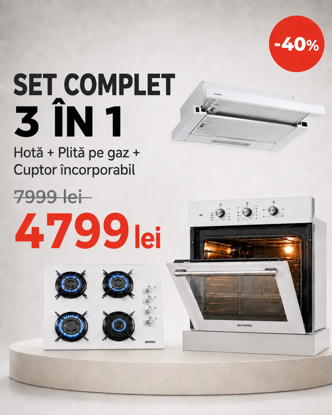 Set complet 3 în 1 Kumtel — hotă, plită pe gaz și cuptor încorporabil